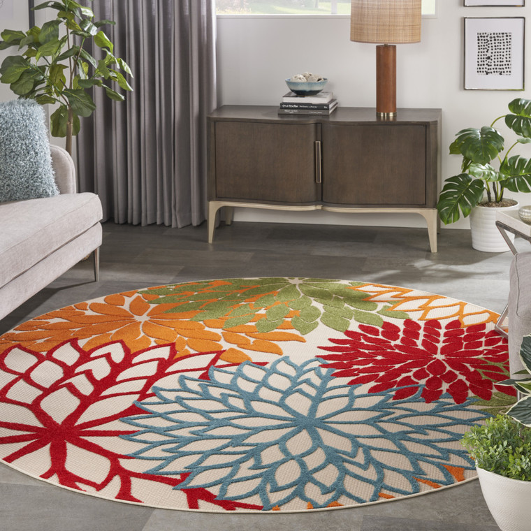 10' Green Orange And Red Round Indoor Outdoor Area Rug