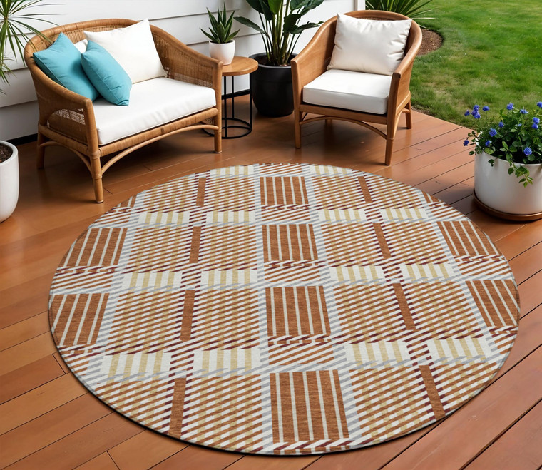 8' Copper Gold And Gray Round Plaid Washable Indoor Outdoor Area Rug
