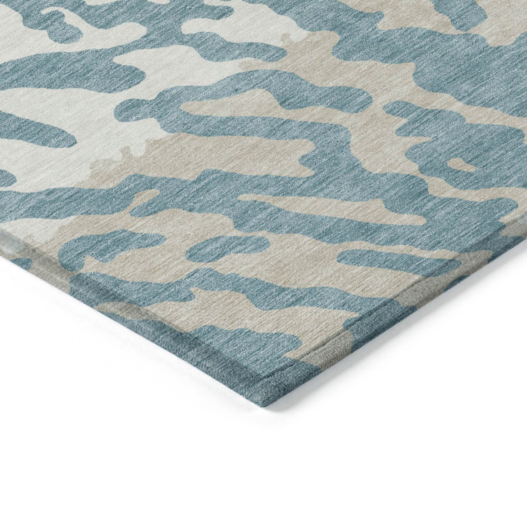 9' X 12' Teal Blue Beige And Ivory Animal Print Washable Indoor Outdoor Area Rug