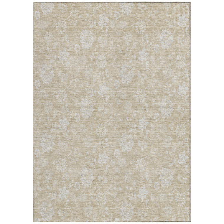 9' X 12' Beige Tan And Ivory Floral Washable Indoor Outdoor Area Rug - Beige, Tan, Ivory