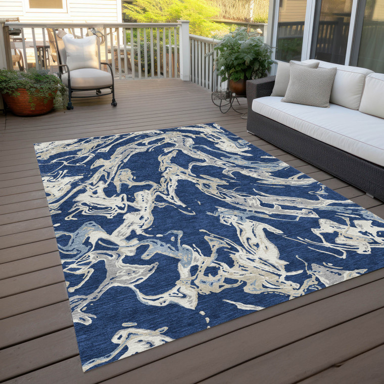 10' X 14' Navy Blue Gray And Ivory Abstract Washable Indoor Outdoor Area Rug - 880016679274