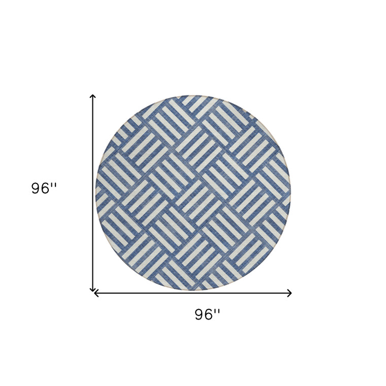 8' Navy Blue And Ivory Round Geometric Washable Indoor Outdoor Area Rug - Navy Blue, Ivory