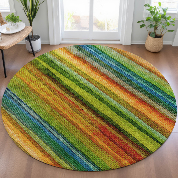 8' Green Teal Blue And Copper Round Striped Washable Indoor Outdoor Area Rug