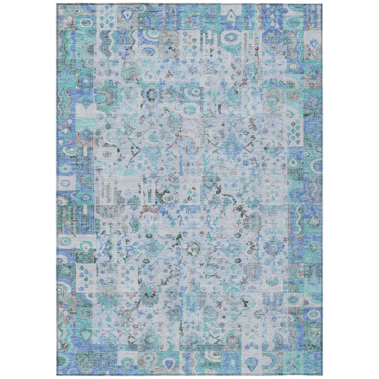 8' X 10' Blue And Silver Patchwork Washable Indoor Outdoor Area Rug