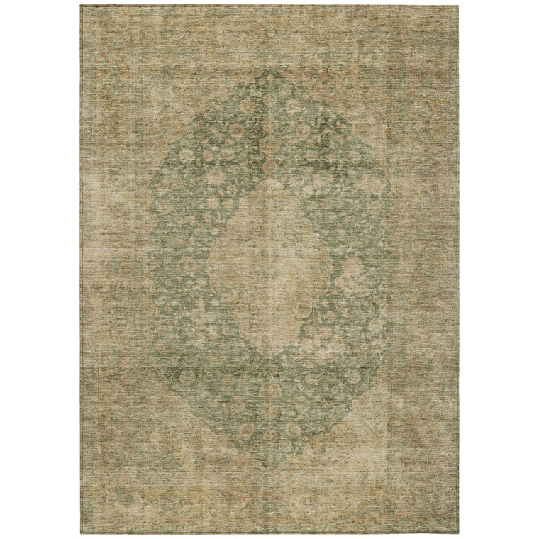 10' X 14' Artichoke Green And Beige Medallion Washable Indoor Outdoor Area Rug