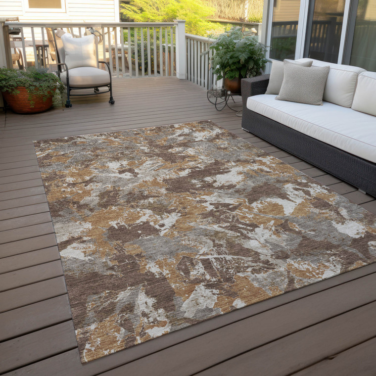 9' X 12' Brown Beige And Gray Floral Washable Indoor Outdoor Area Rug