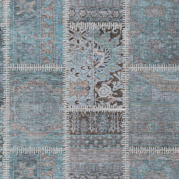 8' X 10' Teal Blue Aqua And Beige Patchwork Washable Indoor Outdoor Area Rug