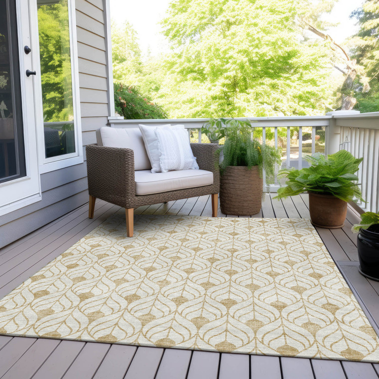 9' X 12' Gold And Beige Geometric Washable Indoor Outdoor Area Rug Transitional Style - Gold, Beige Color