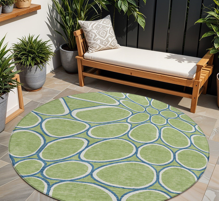 8' Artichoke Green And Ivory Round Abstract Washable Indoor Outdoor Area Rug Transitional Style - Artichoke Green, Ivory Color