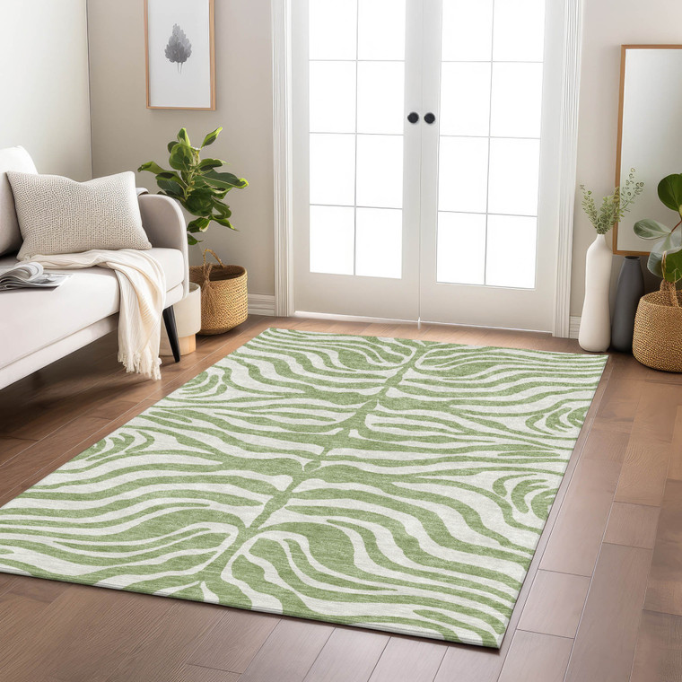 10' X 14' Artichoke Green And Ivory Animal Print Washable Indoor Outdoor Area Rug