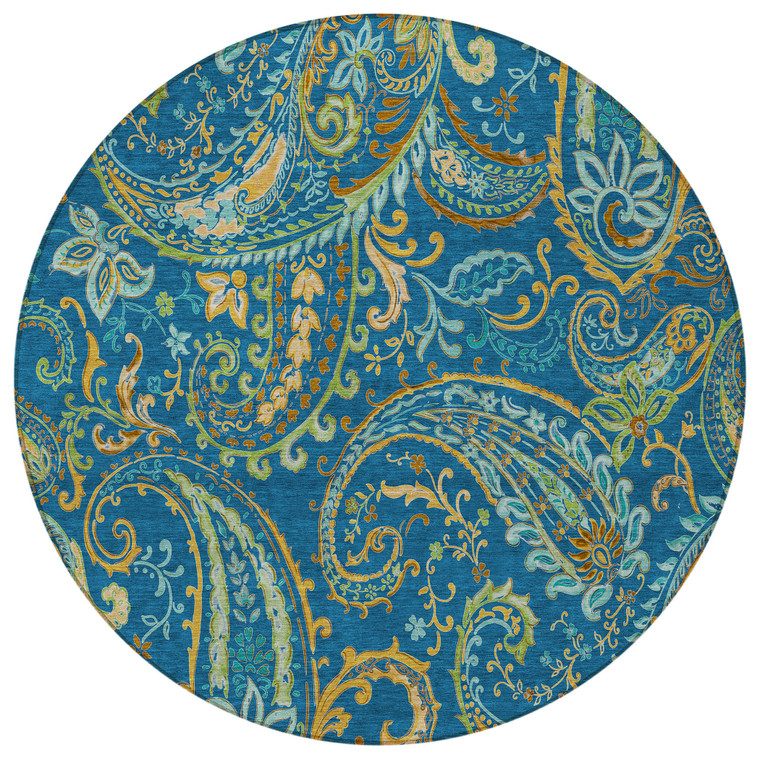 8' Round Navy Blue Round Paisley Washable Non Skid Indoor Outdoor Area Rug