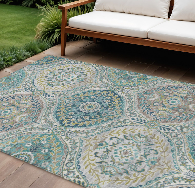 10' X 14' Teal Blue Fern Green And Beige Floral Washable Indoor Outdoor Area Rug