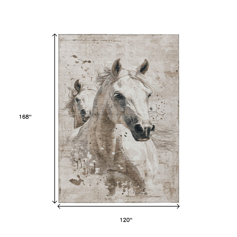 10' X 14' Ivory And Gray Horse Washable Indoor Outdoor Area Rug