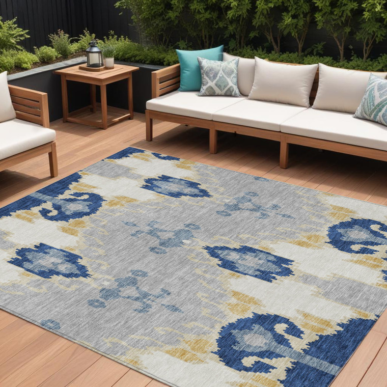 9' X 12' Navy Blue Ivory And Gray Ikat Washable Indoor Outdoor Area Rug