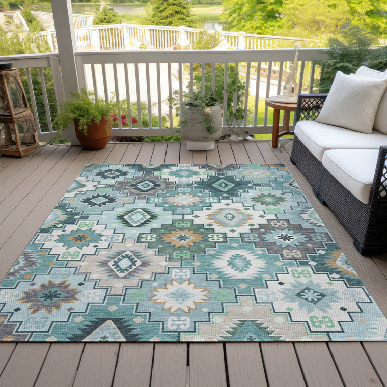 10' X 14' Teal Blue Beige And Ivory Southwestern Washable Indoor Outdoor Area Rug