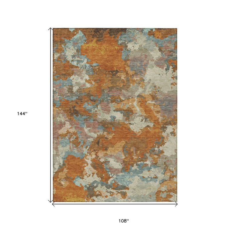 9' X 12' Copper And Orange Abstract Washable Indoor Outdoor Area Rug