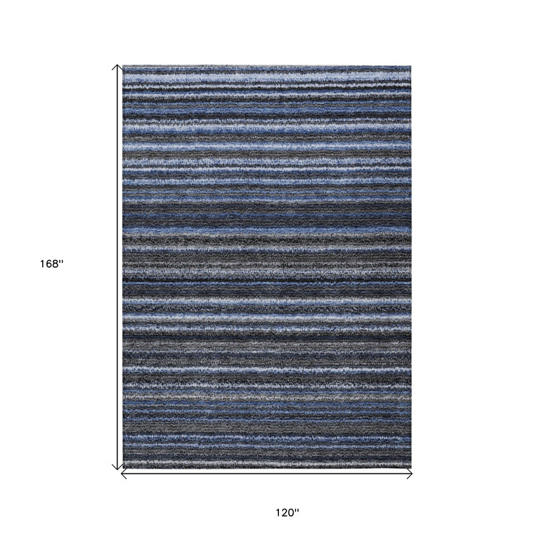 10' X 14' Denim Blue And Gray Striped Washable Indoor Outdoor Area Rug