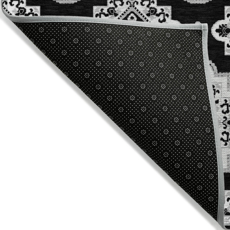 9' X 12' Black And Ivory Medallion Washable Indoor Outdoor Area Rug - Black, Ivory
