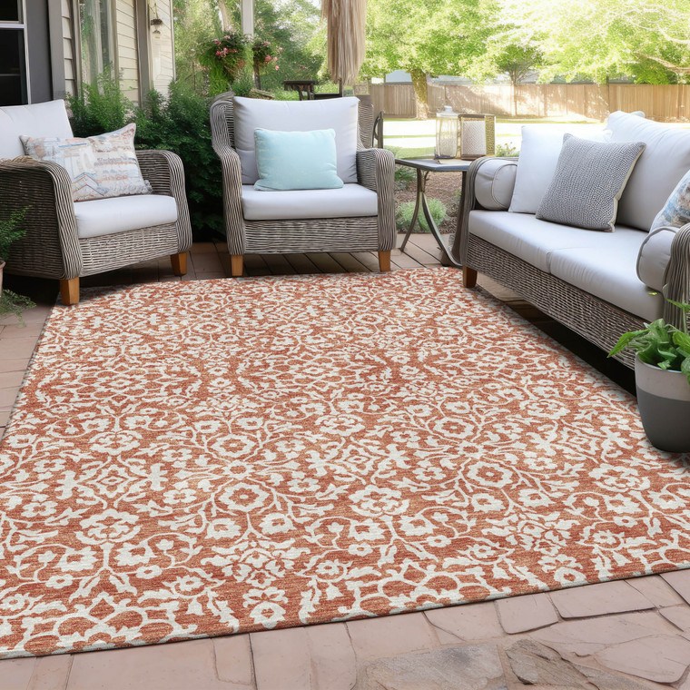 8' X 10' Coral And Ivory Damask Washable Indoor Outdoor Area Rug