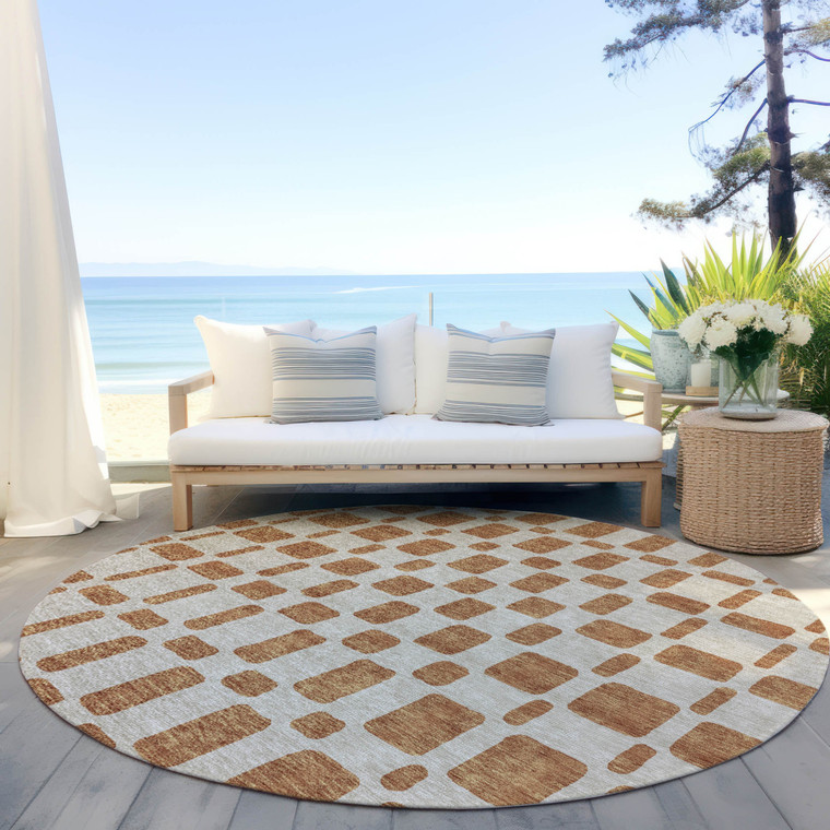 8' Terra Cotta And Beige Round Geometric Washable Indoor Outdoor Area Rug