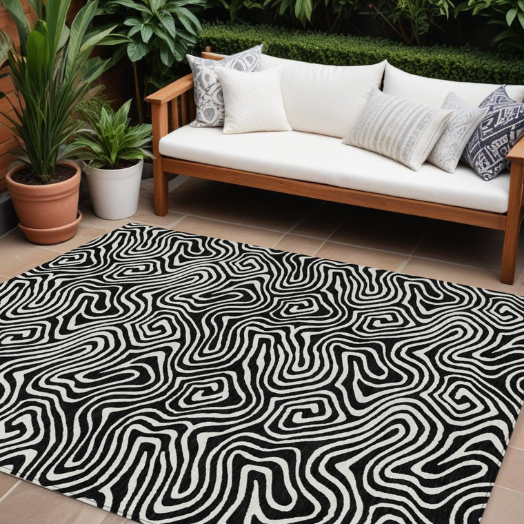 9' X 12' Black And Ivory Abstract Washable Indoor Outdoor Area Rug Transitional Style - Black, Ivory Color