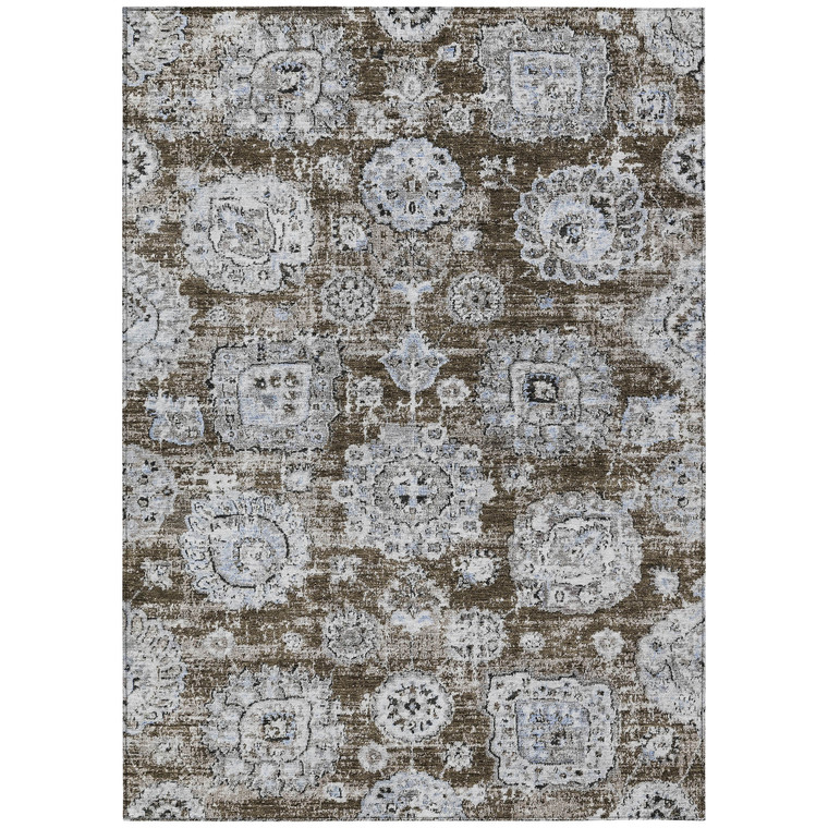 9' X 12' Chocolate And Blue Floral Washable Indoor Outdoor Area Rug