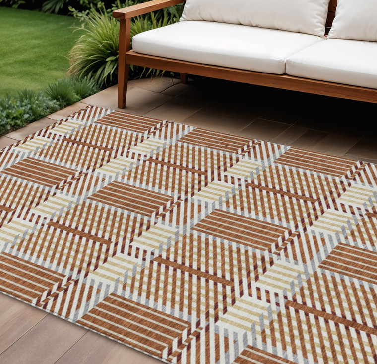 9' X 12' Copper Gold And Gray Plaid Washable Indoor Outdoor Area Rug