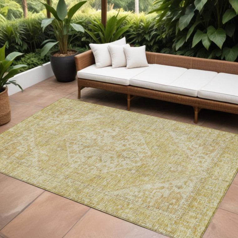 10' X 14' Gold Tan And Beige Oriental Washable Indoor Outdoor Area Rug