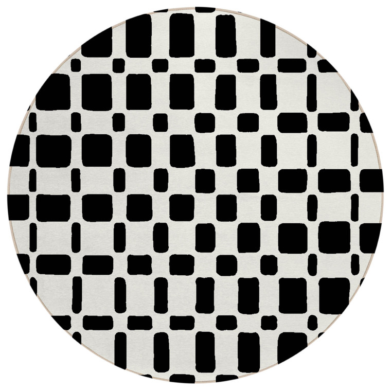 8' Black And Ivory Round Geometric Washable Indoor Outdoor Area Rug - Black, Ivory
