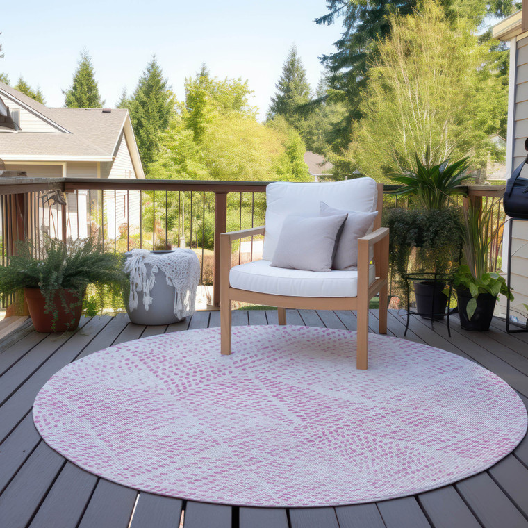 8' Pink And Ivory Round Geometric Washable Indoor Outdoor Area Rug - Pink, Ivory