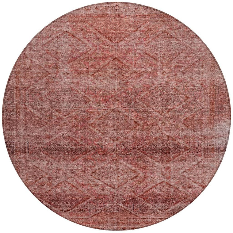 8' Pink And Ivory Round Geometric Washable Indoor Outdoor Area Rug - Pink, Ivory