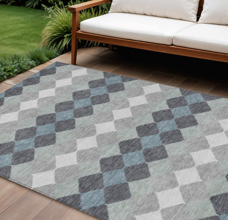 10' X 14' Gray Black And Green Geometric Washable Indoor Outdoor Area Rug