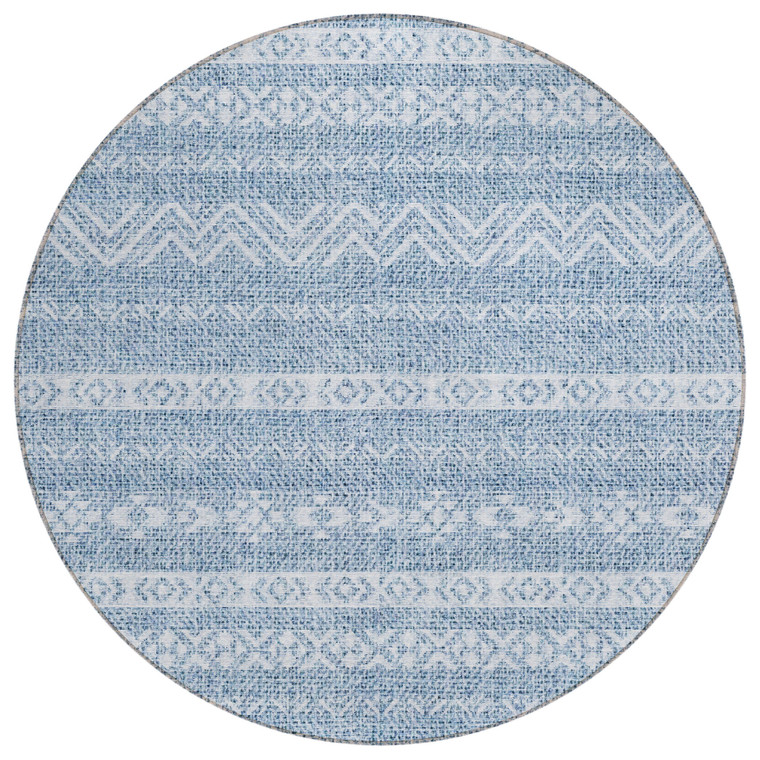 8' Blue And Denim Blue Round Southwestern Washable Indoor Outdoor Area Rug