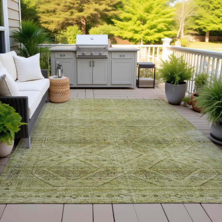 10' X 14' Artichoke Green And Ivory Geometric Washable Indoor Outdoor Area Rug - Artichoke Green, Ivory