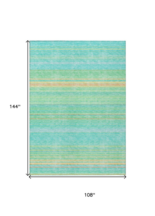 9' X 12' Aqua Green And Yellow Striped Washable Indoor Outdoor Area Rug