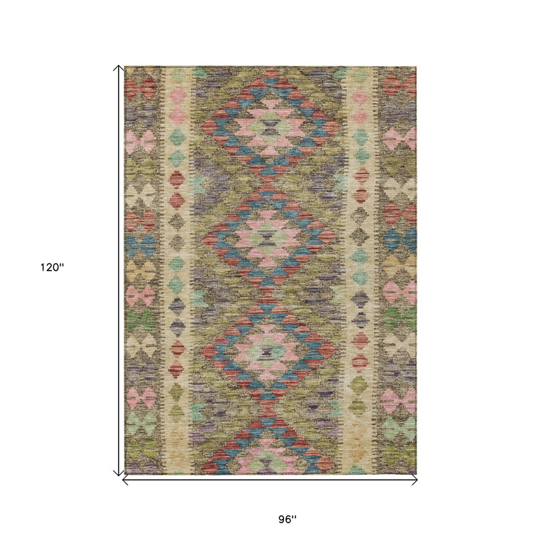 8' X 10' Green Geometric Washable Indoor Outdoor Area Rug