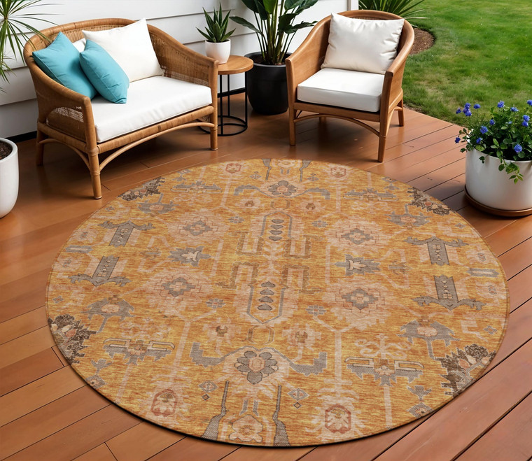8' Terra Cotta Beige And Gray Round Oriental Washable Indoor Outdoor Area Rug