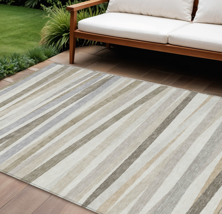 8' X 10' Ivory And Gray Striped Washable Indoor Outdoor Area Rug - Ivory, Gray