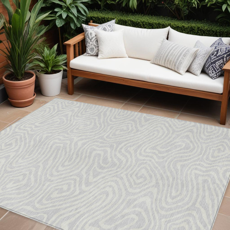9' X 12' Silver And Gray Abstract Washable Indoor Outdoor Area Rug - 608219308896
