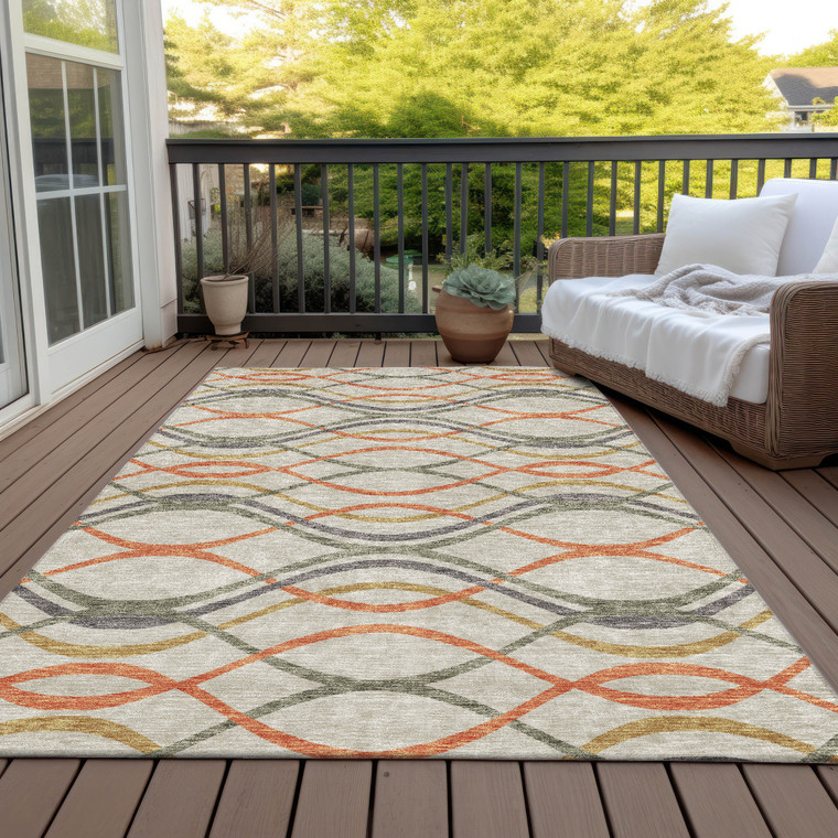 9' X 12' Orange Ivory And Gray Abstract Washable Indoor Outdoor Area Rug