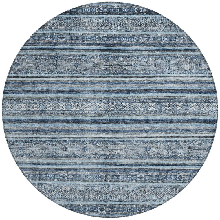 8' Blue And Gray Round Oriental Washable Indoor Outdoor Area Rug
