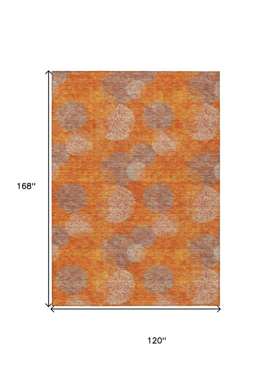 10' X 14' Orange Silver And Peach Polka Dot Washable Indoor Outdoor Area Rug