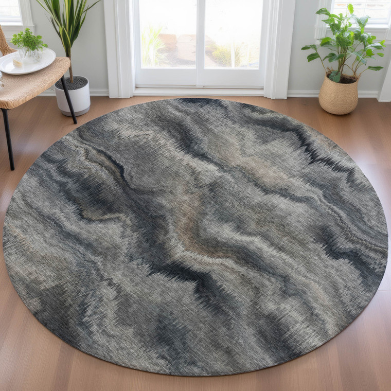 8' Gray And Silver Round Abstract Washable Indoor Outdoor Area Rug - Gray, Silver