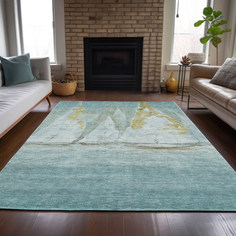 10' X 14' Teal Blue And Gold Nautical Washable Indoor Outdoor Area Rug