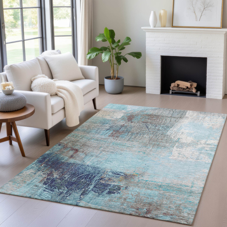 10' X 14' Teal Blue And Gray Abstract Washable Indoor Outdoor Area Rug - Teal Blue, Gray
