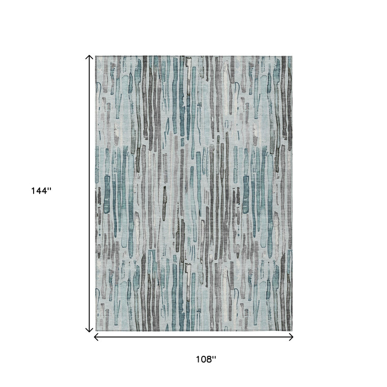 9' X 12' Teal Blue And Gray Striped Washable Indoor Outdoor Area Rug - Teal Blue, Gray