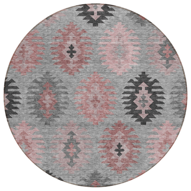 8' Gray Mauve And Charcoal Round Southwestern Washable Indoor Outdoor Area Rug
