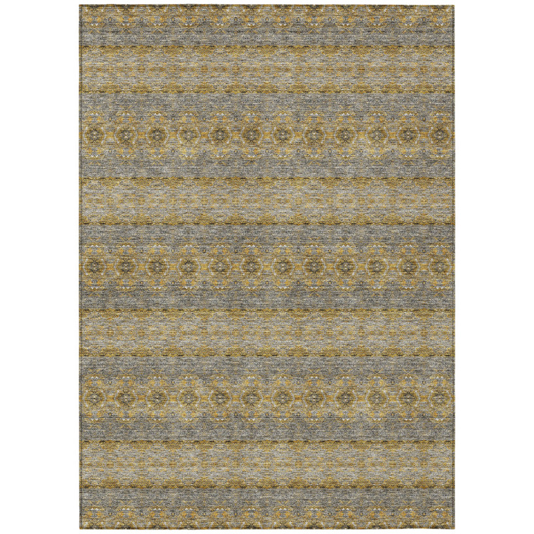 10' X 14' Gold Gray And Silver Floral Medallion Washable Indoor Outdoor Area Rug