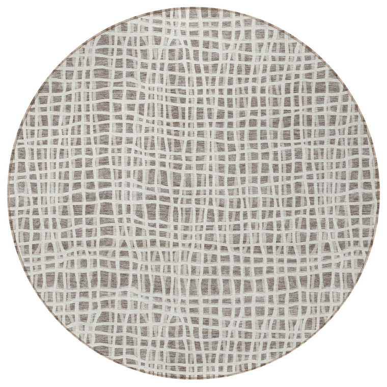 8' Taupe And Beige Round Striped Washable Indoor Outdoor Area Rug