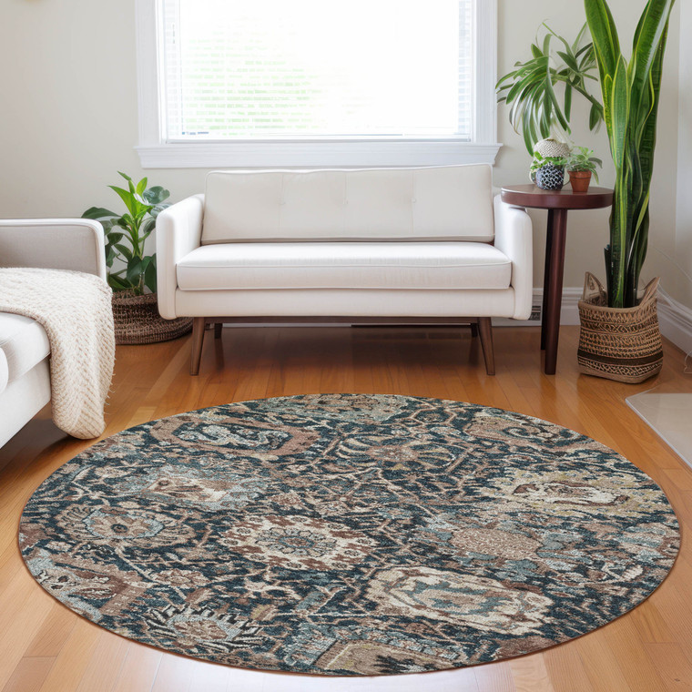 8' Taupe Blue And Beige Round Geometric Washable Indoor Outdoor Area Rug - 880016538663